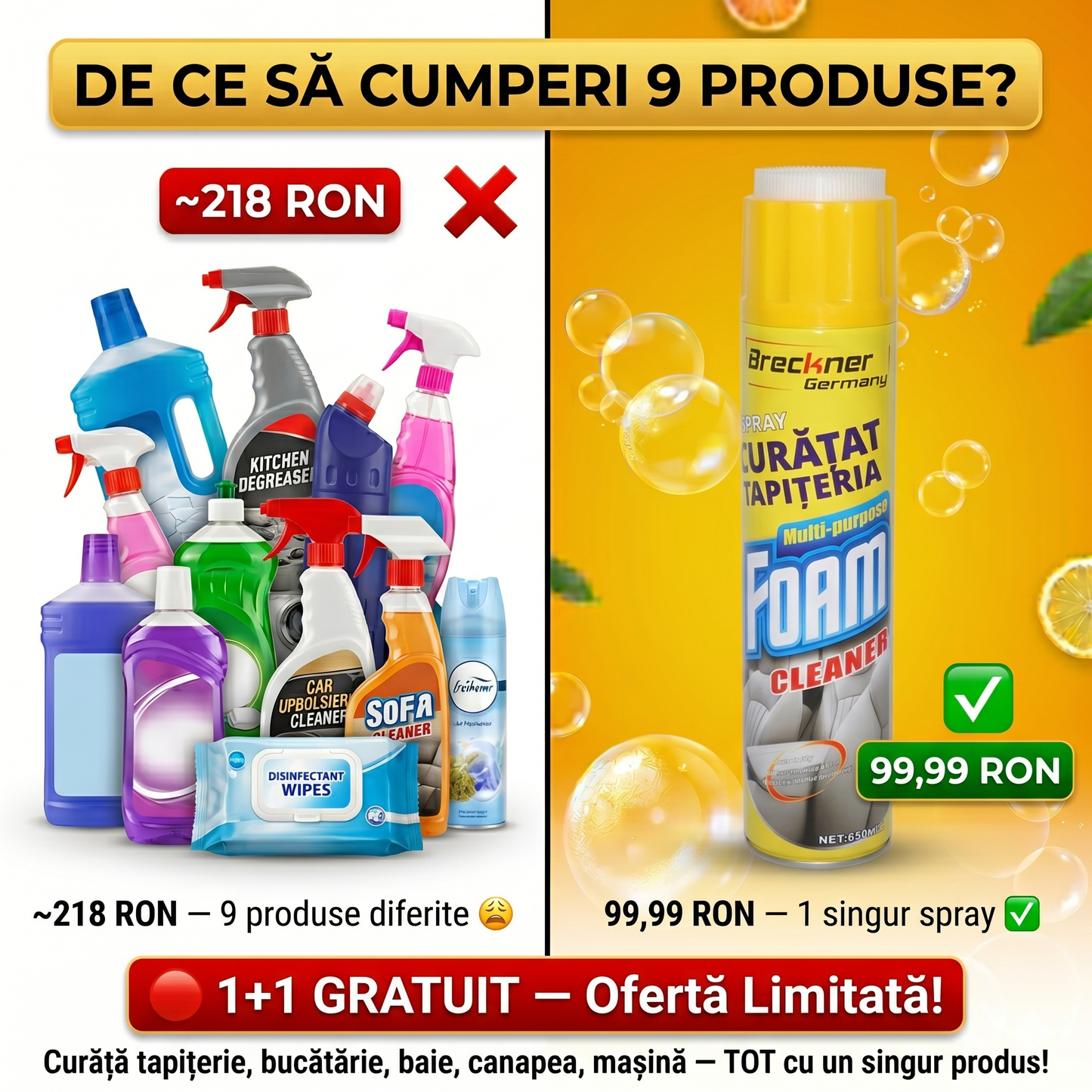 Foam Cleaner Spray 650ml — Curăță Tot Cu Un Singur Produs